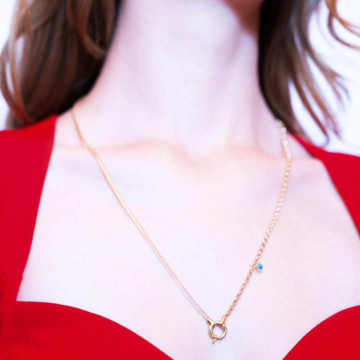 14 Ayar Altın Nazar Boncuklu Çift Zincir Kilit Detaylı Zincir