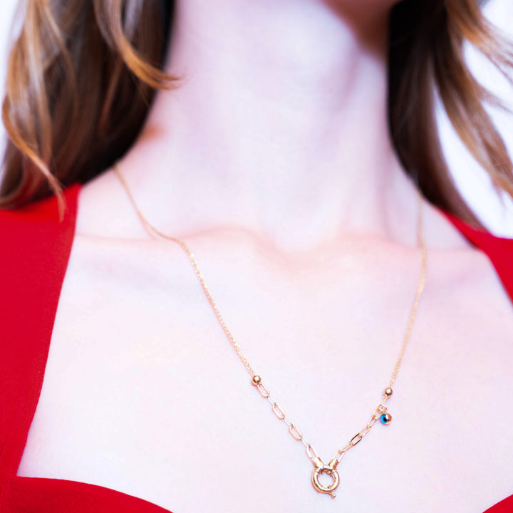 14 Ayar Altın Nazar Boncuklu Kilit Detaylı Zincir