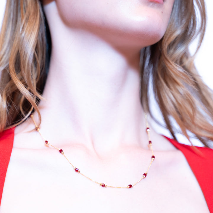 14 Ayar Altın Kırmızı Taş Detaylı Zincir