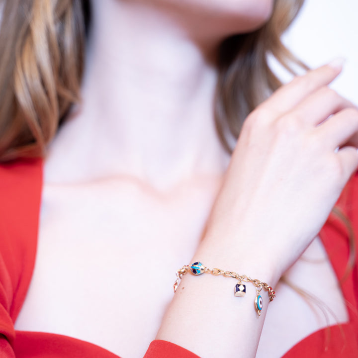 14 Ayar Altın Nazar Boncuklu Renkli Figürlü Bileklik