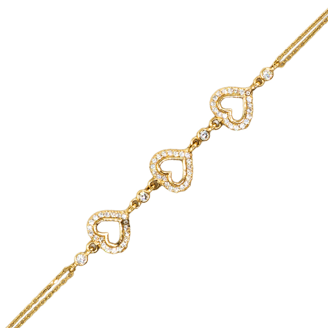 14 Ayar Altın Üç Kalpli Taşlı Zincir Bileklik